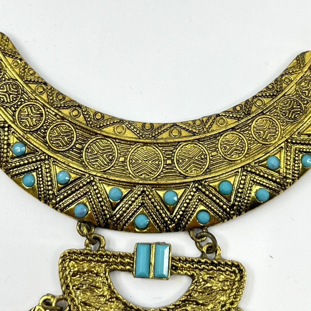 VTG Retro Antique Gold Tone Bib Statement Necklace Boho Turquoise‎ Color Accents